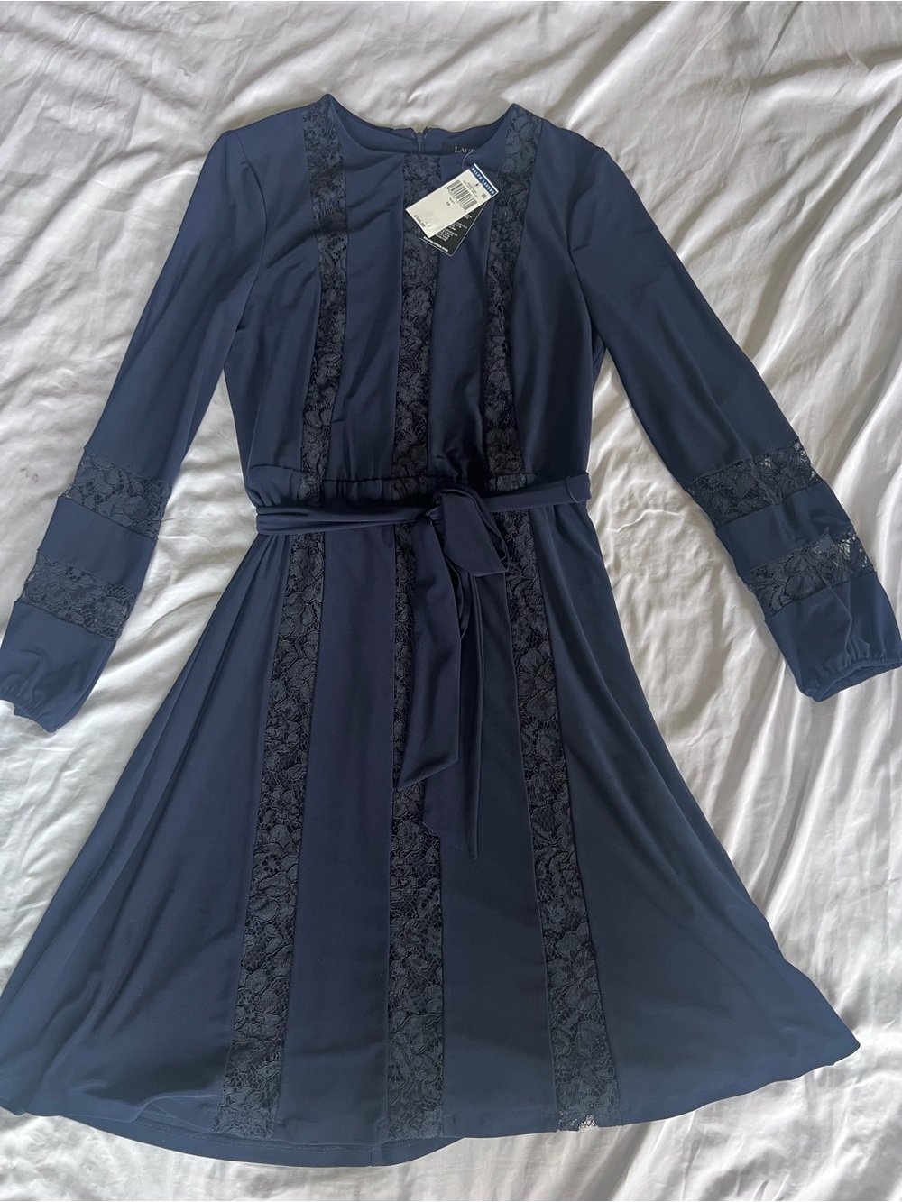 Polo by Ralph Lauren Navy Long Sleeve Lace-Panel Dress with Tie Waist